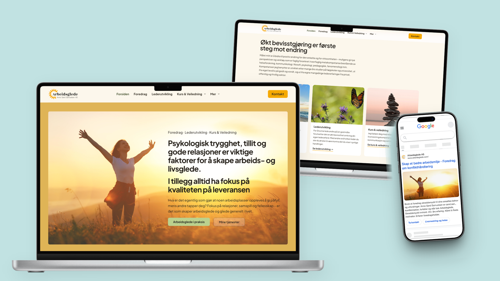 Arbeidsglede sin nettside vist på en laptop med en løsrevet skjermflate og en mobil ved siden av: forsiden med kvinnen i solnedgangen på laptopen, tjenesteoversikten på skjermflaten, og Google-annonsen på mobilen.