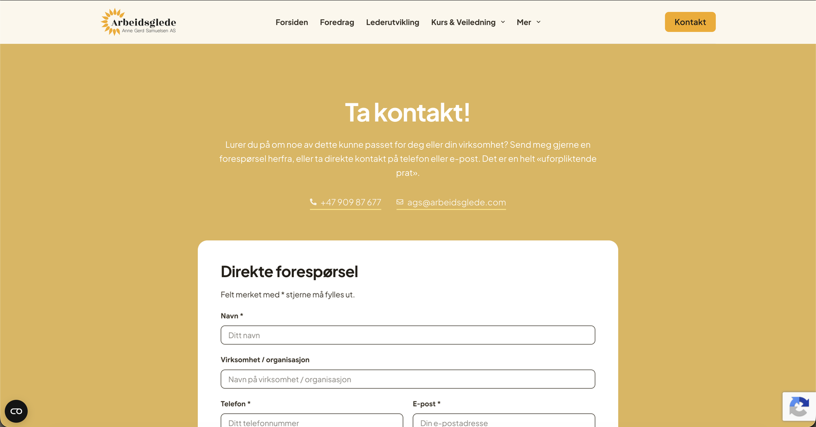 Kontaktsiden med overskriften «Ta kontakt!» på gul bakgrunn, kontaktinformasjon under, og et hvitt kort med skjemafeltene navn, virksomhet, telefon og e-post.