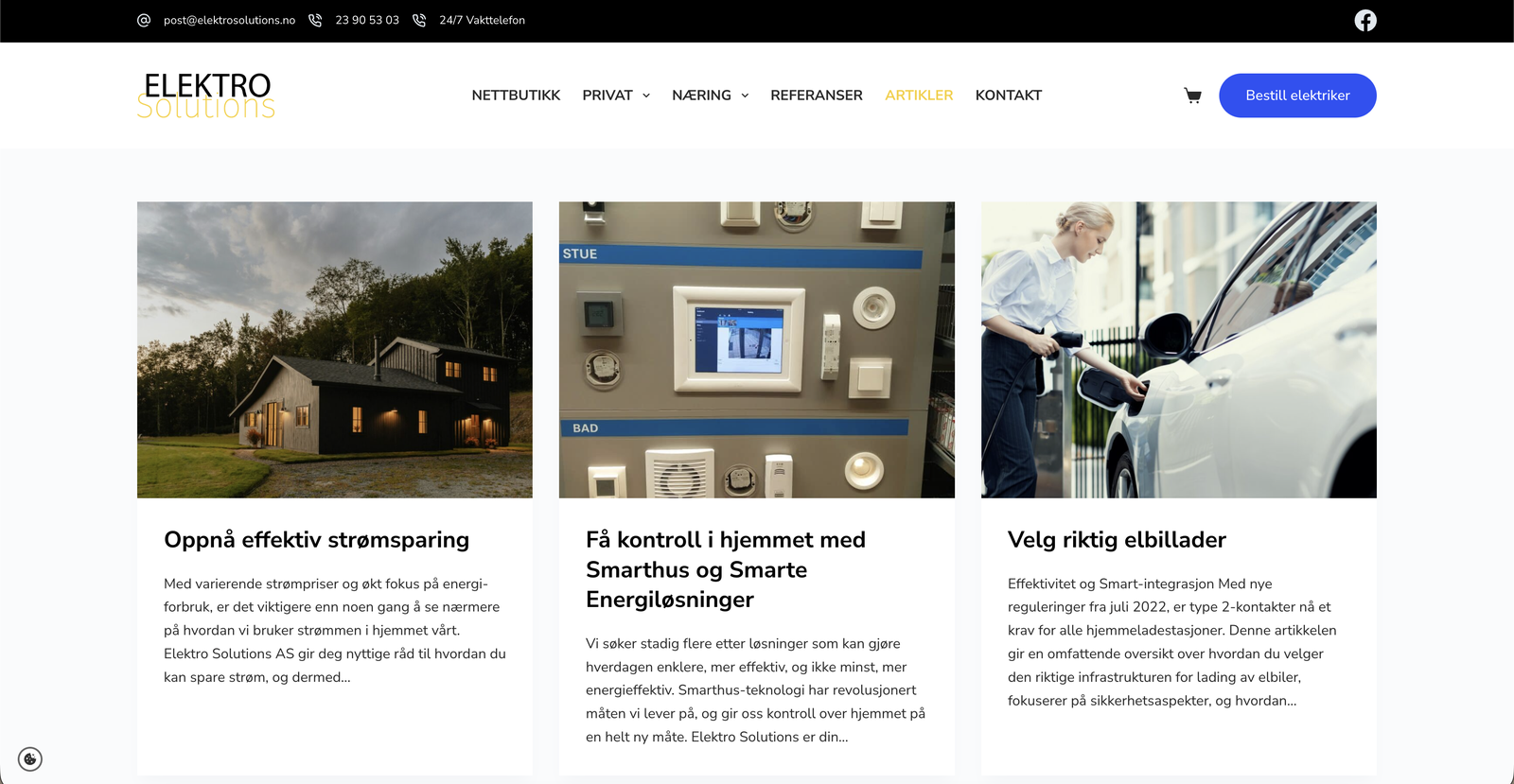 Artikkeloversikten med tre artikler i rutenett: strømsparing, smarthus og valg av elbillader, hver med bilde, overskrift og ingress.