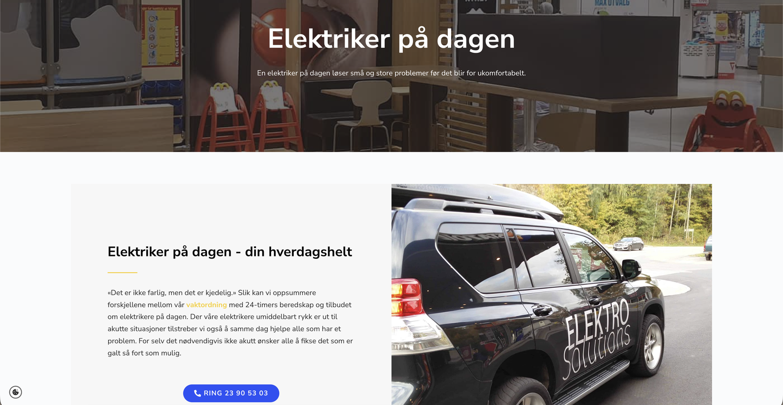 Landingssiden «Elektriker på dagen», med tekst om vaktordningen til venstre og et foto av en firmabil med Elektro Solutions-logo til høyre.