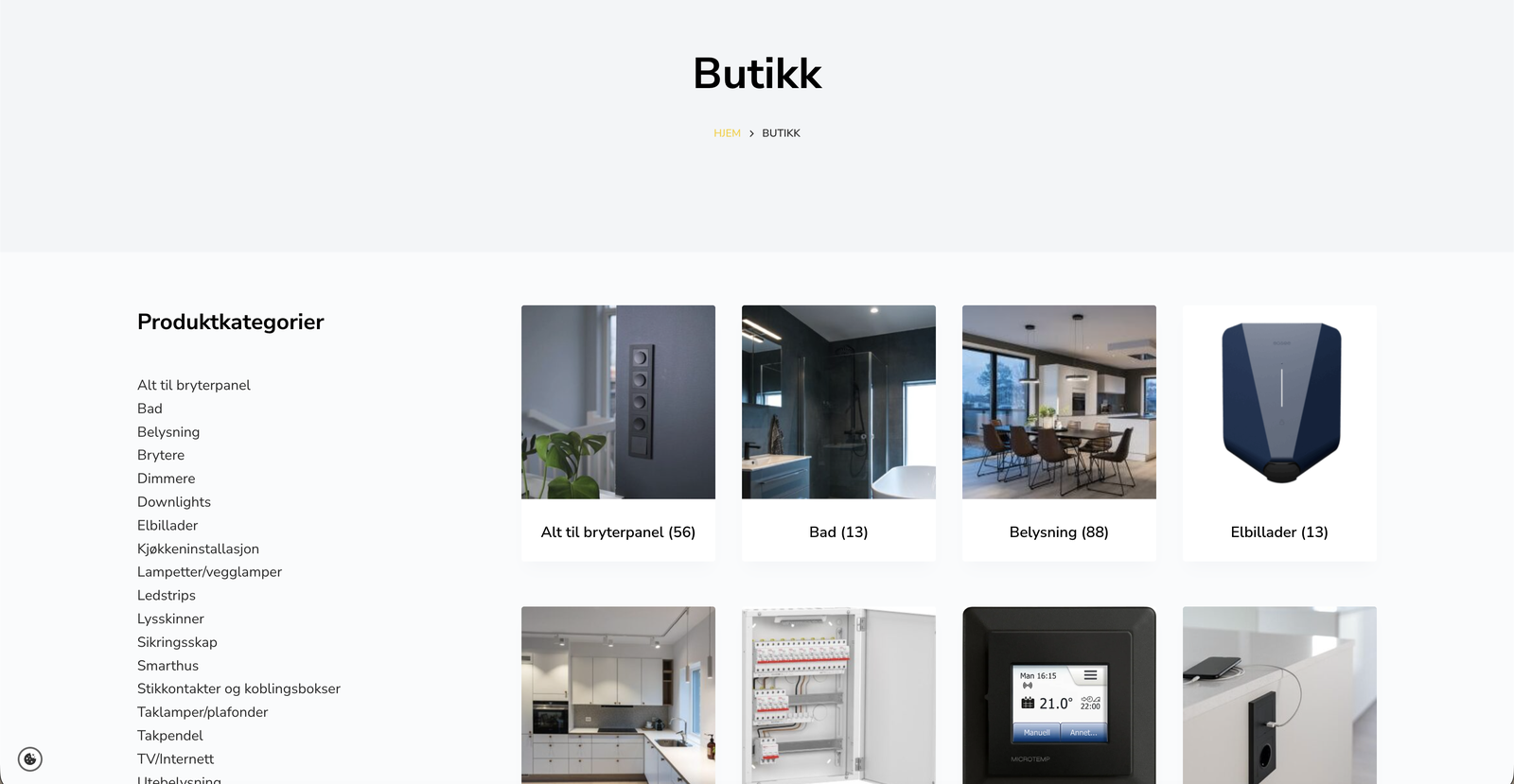 Nettbutikken med produktkategorier listet til venstre, og til høyre kategorikort med bilde og antall produkter: bryterpanel, bad, belysning og elbillader.