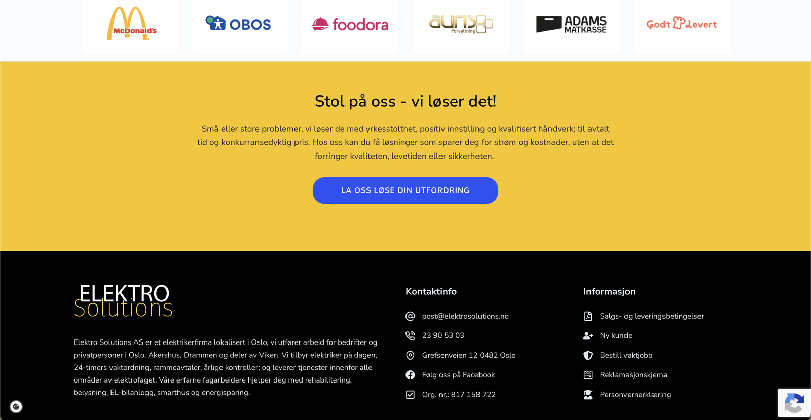 Bunnen av nettsiden med kundelogoer på rad, en gul seksjon med overskriften «Stol på oss - vi løser det!», og under den bunnteksten på svart med kontaktinformasjon.
