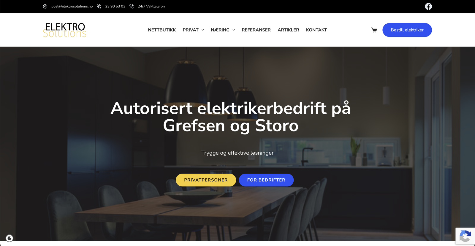 Toppen av nettsiden med svart topplinje, logoen i hvitt og gult, og overskriften «Autorisert elektrikerbedrift på Grefsen og Storo» over et mørkt kjøkkenbilde.