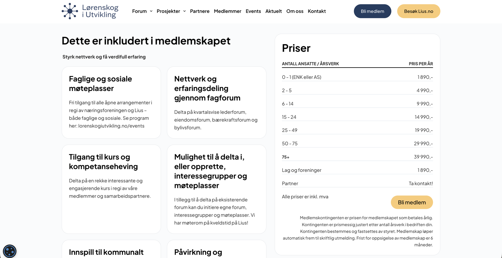 Siden «Bli medlem» med overskriften «Dette er inkludert i medlemskapet» og fordelene i egne bokser til venstre, og en prisliste etter antall ansatte med knappen «Bli medlem» til høyre.