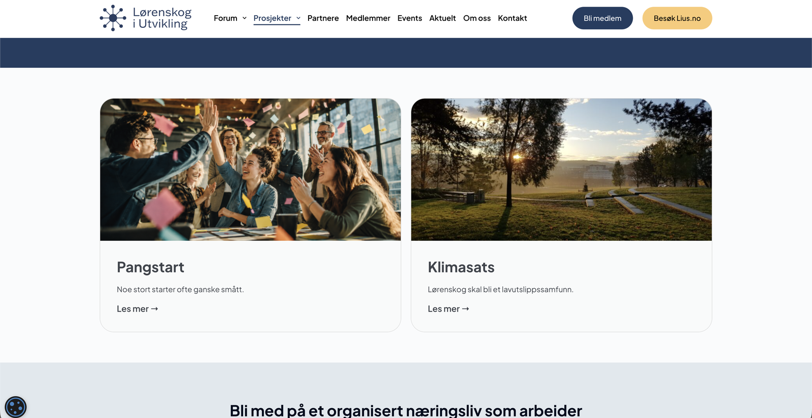 Prosjektoversikten med to kort side om side: Pangstart med et foto av en gruppe som gir hverandre high five foran en glassvegg med lapper, og Klimasats med et bilde fra en park i soloppgang.