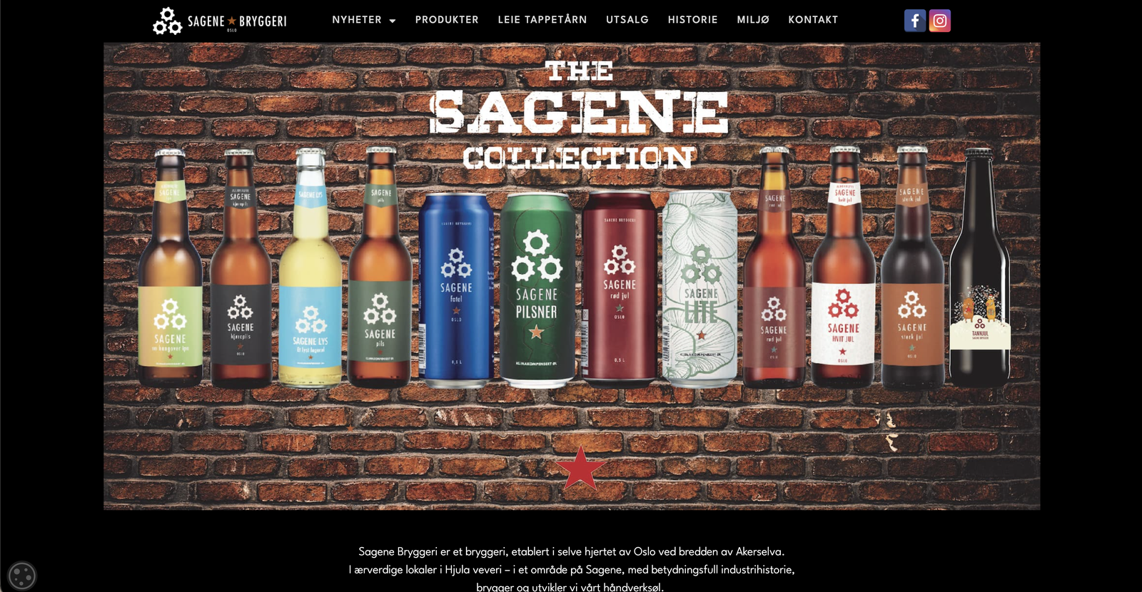 Forsiden av sagenebryggeri.com med et banner kalt «The Sagene Collection», der tretten flasker og bokser står på rad foran en rød murvegg.