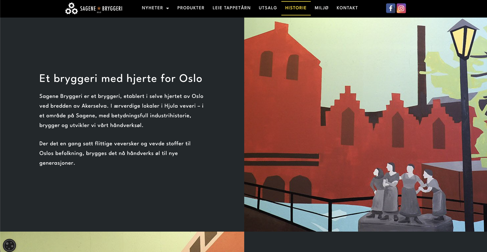 Historiesiden «Et bryggeri med hjerte for Oslo». Tekst på mørk bakgrunn til venstre, og til høyre et veggmaleri av Hjula veveri i rødt med fire veversker i forgrunnen.