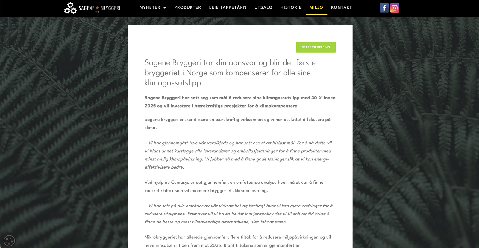 Miljøsiden med pressemeldingen om at Sagene Bryggeri blir det første bryggeriet i Norge som kompenserer for alle sine klimagassutslipp. Hvit tekstboks over et mørkt bakgrunnsbilde av bregner.
