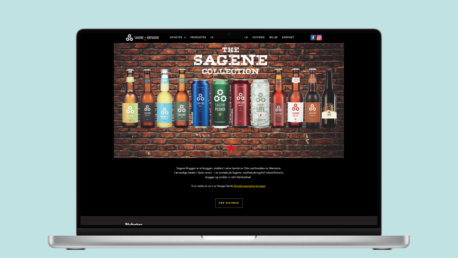 Sagene Bryggeris forside vist på en laptop: banneret «The Sagene Collection» med tretten flasker og bokser på rad foran en rød murvegg.