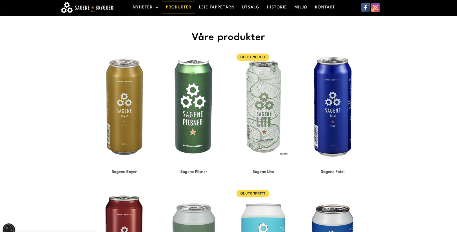 Produktoversikten «Våre produkter», med ølbokser i rutenett på hvit bakgrunn. Hver boks har produktnavn under seg, og noen er merket «Glutenfritt».