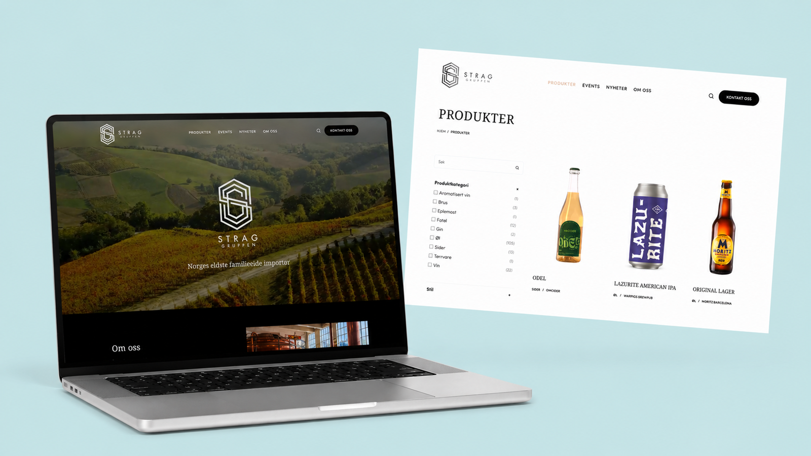 Strags nettside vist på en laptop med en løsrevet skjermflate ved siden av: forsiden med vinmarker og logo på laptopen, og produktoversikten med filtre og produktbilder på flaten.